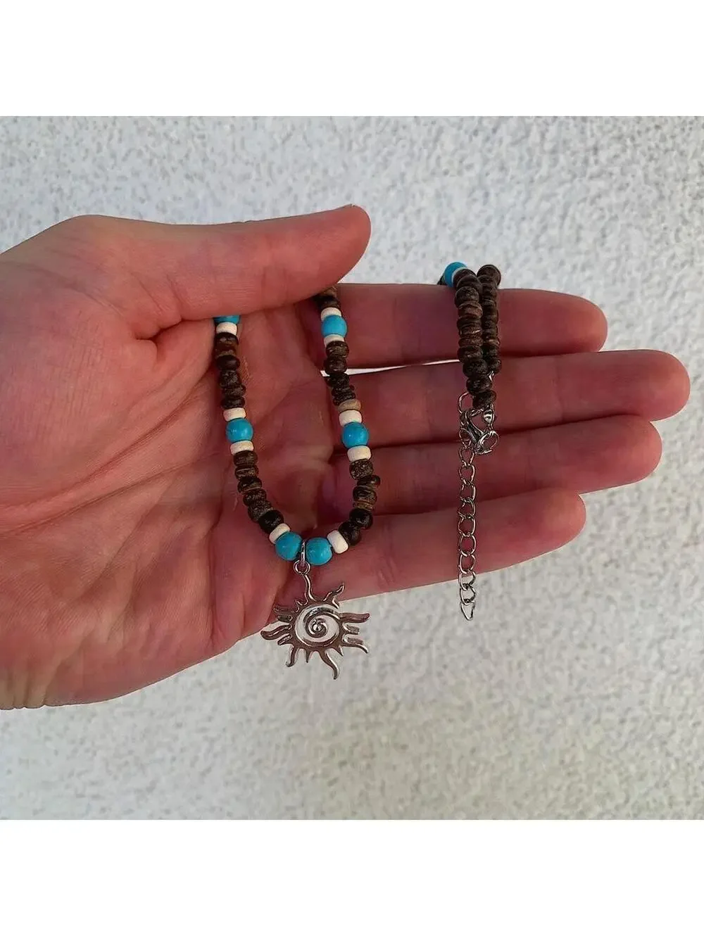 Y2k 2000s style Wood Beaded dark brown and blue mixed wood Necklace with Cyber